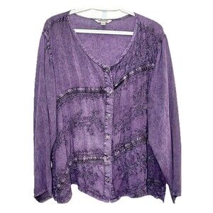 Naturals 2XL Purple Embroidered Boho Blouse Rayon Button Front Top